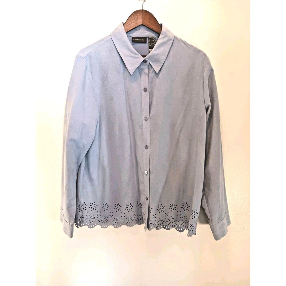 Relativity Faux Suede Button Down Shirt Blue Scalloped Eyelet Hem XL Soft